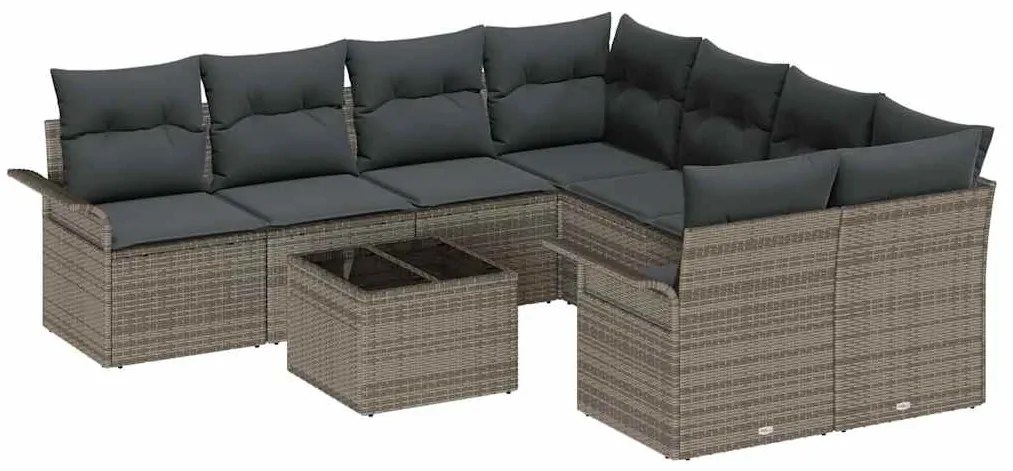 Conjunto de sofá de jardim de 9 peças com almofadas cinzas em rattan