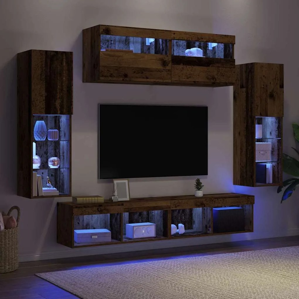 Unidades de Parede para TV com LED em Madeira Envelhecida de Engenhari