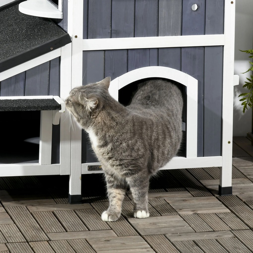 PawHut Casa para Gatos de Madeira com Suporte para Flores 96x65x85,5 cm Casa para Gatos de 2 Níveis com Teto Asfáltico Janela e Múltiplas Entradas Cinza