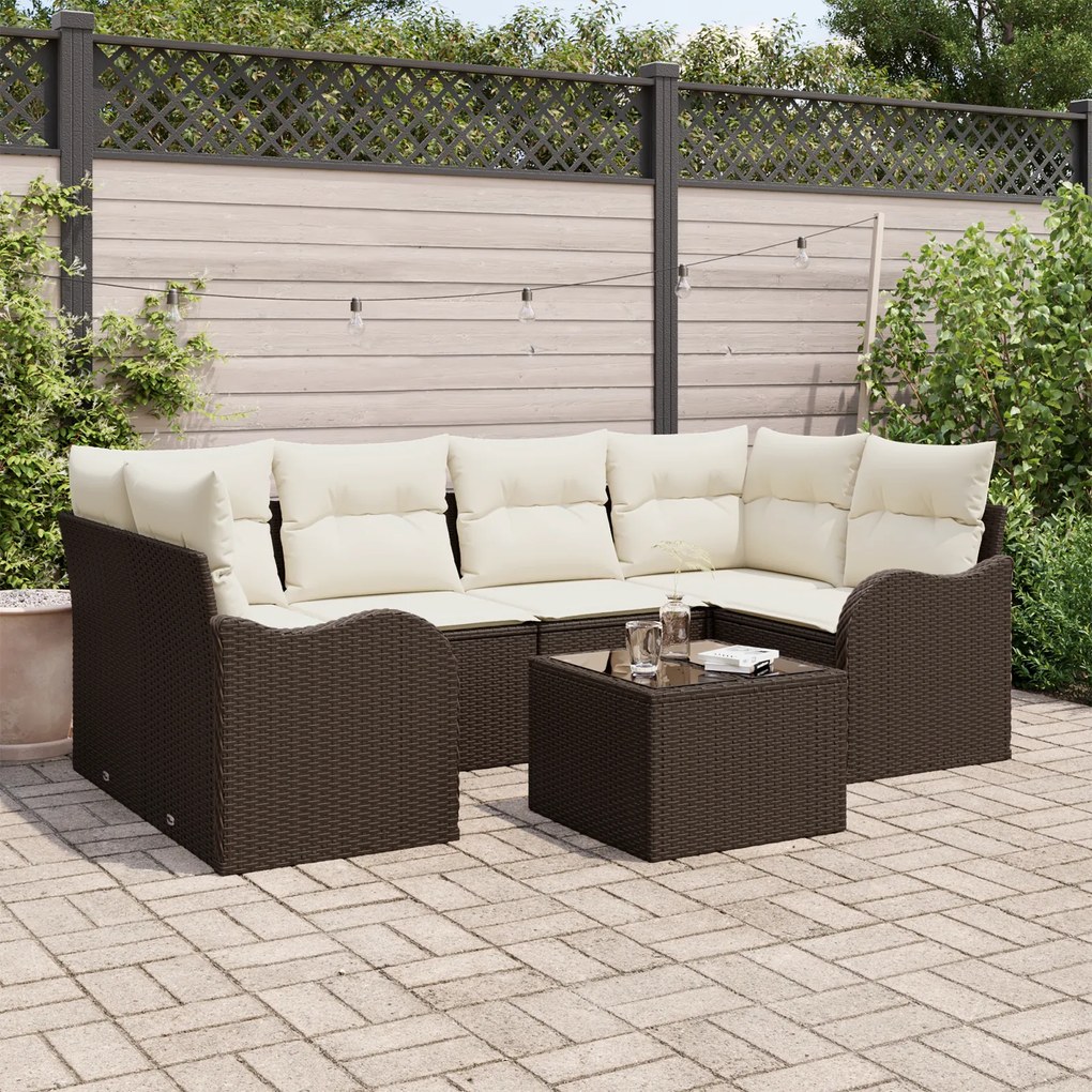 Conjunto de Sofá de Jardim vidaXL de 7 peças com Almofadas Castanho Po