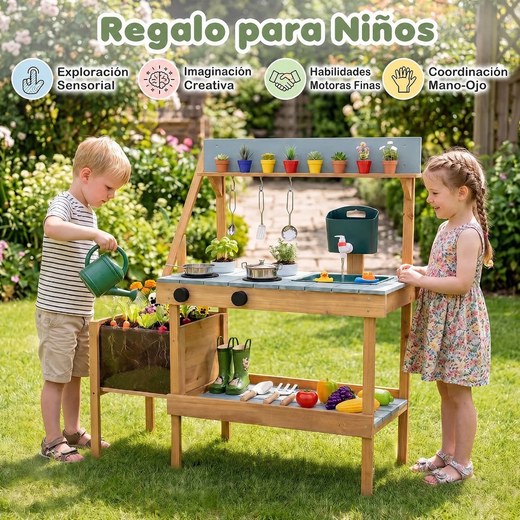 Cozinha brincar infantil para Brincar no Exterior, 93 x 36,5 x 96 cm, com Floreira Elevada, Natural