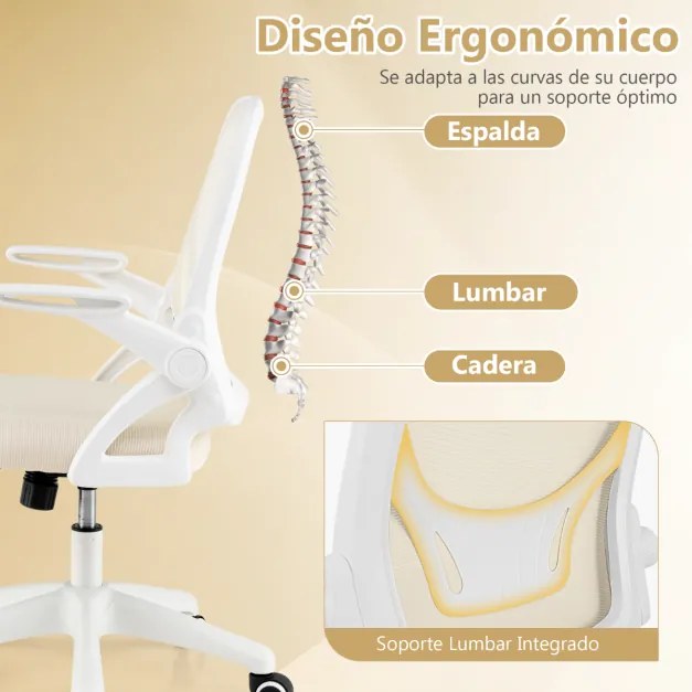 Cadeira de escritório ergonómica com apoio lombar integrado, apoios de braços rebatíveis, rodas universais, altura ajustável, bege