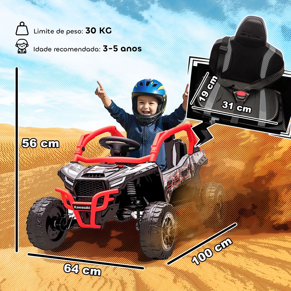 Carro Elétrico para Crianças 12V Kawasaki Teryx KRX 1000 com 2 Motores Faróis e USB 100x64x56 cm Vermelho