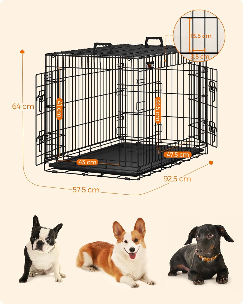 Gaiola para cães, caixa para cães com 2 portas, dobrável L (92.5 X 57.5 X 64 cm) preto
