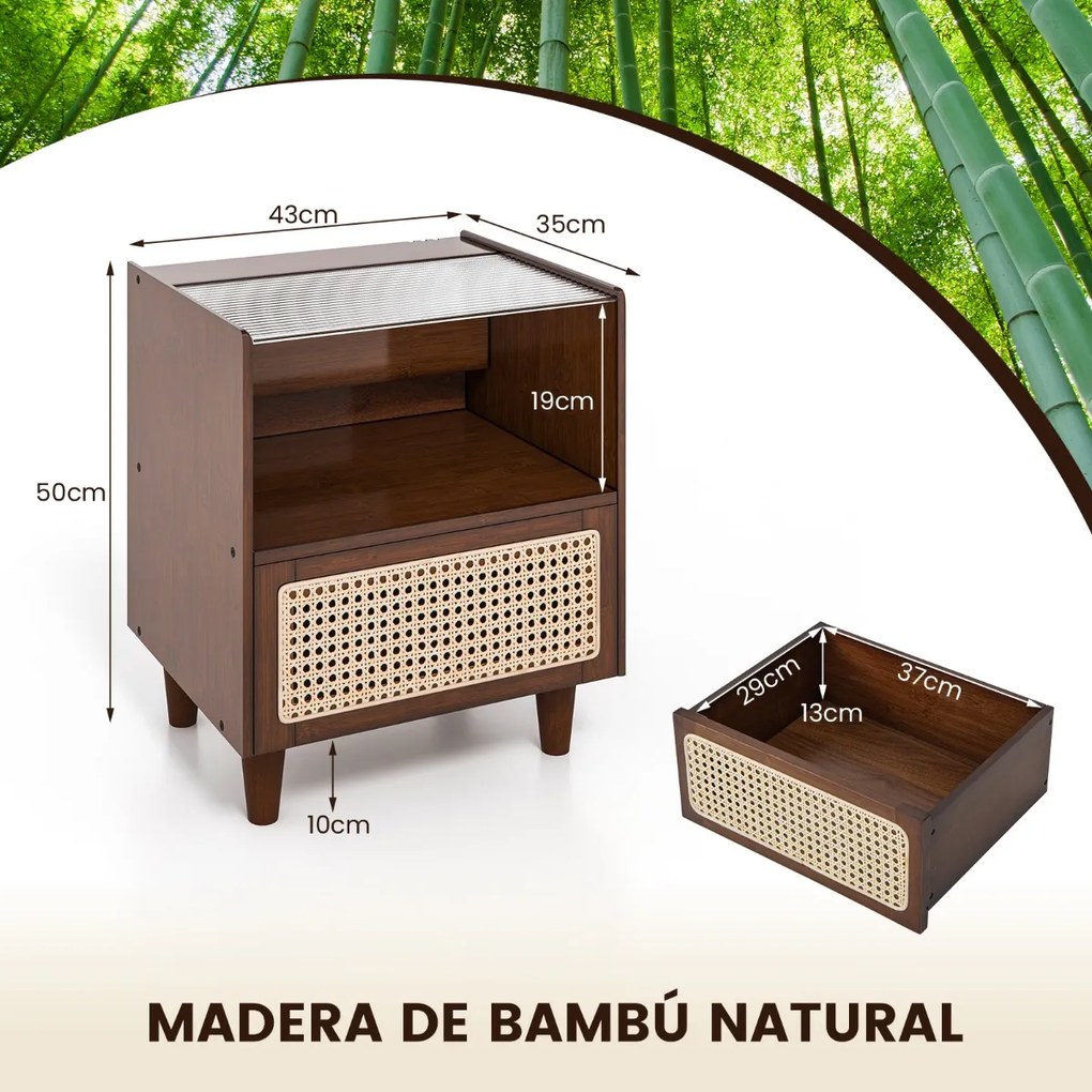 Mesa de cabeceira de bambu e rattan com gaveta e pernas de madeira maciça 43 x 35 x 50 cm Castanho