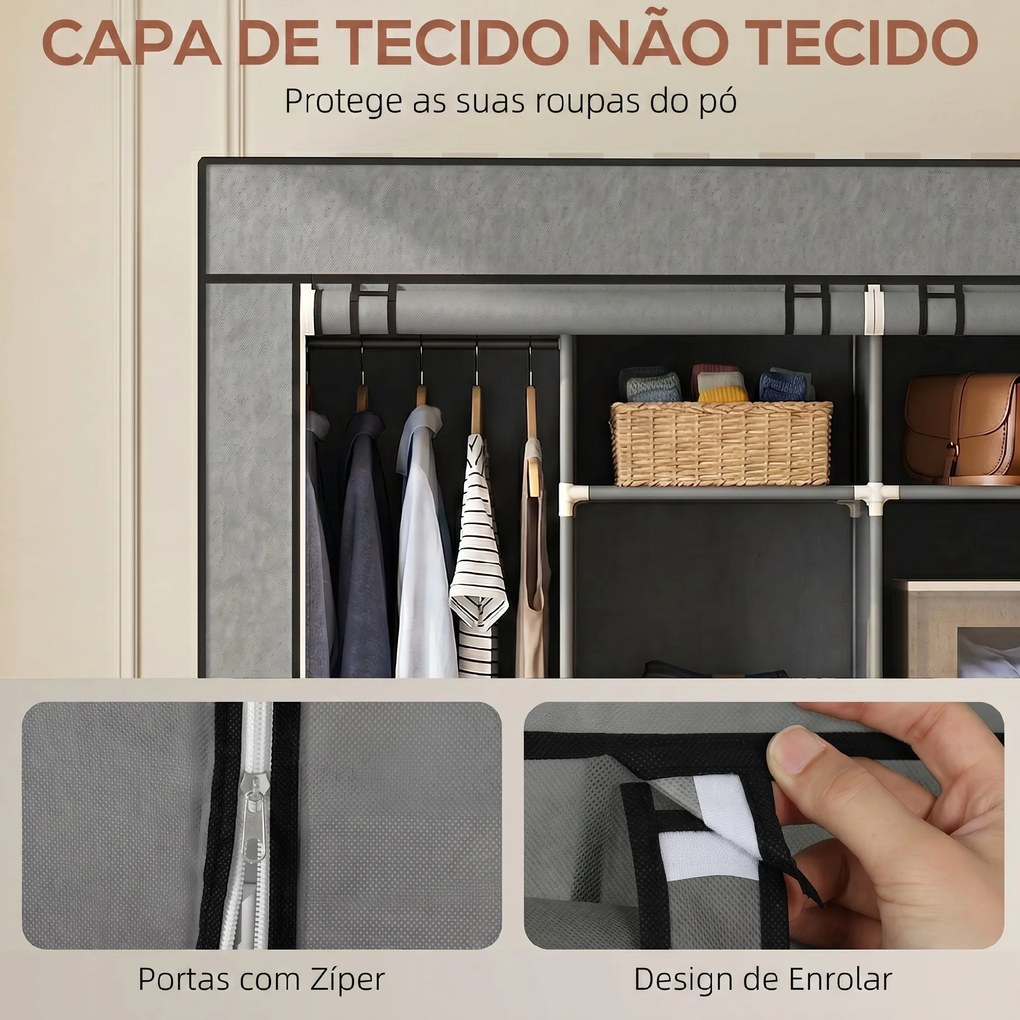 Guarda Roupa de Tecido Portátil com Rodas, 10 Compartimentos, Espaço para Pendurar Roupa e Estrutura em Aço, Cinzento Escuro
