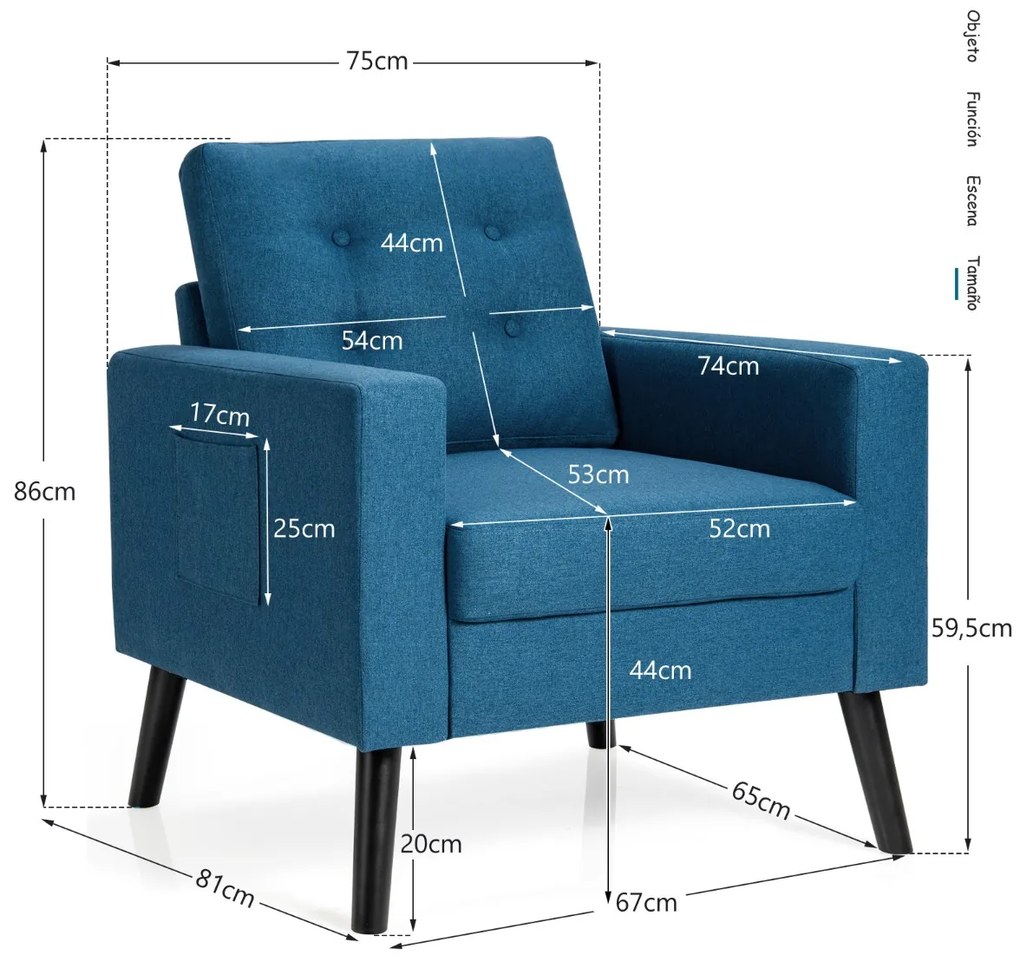 Sofá moderno de braços em pele Apida com pernas de madeira e 2 bolsos laterais 75 x 81 x 86 cm Azul