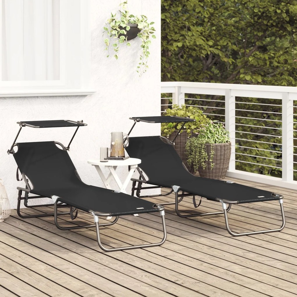 Espreguiçadeiras Dobráveis 2 pcs com Toldo Preto Tecido Oxford 600D