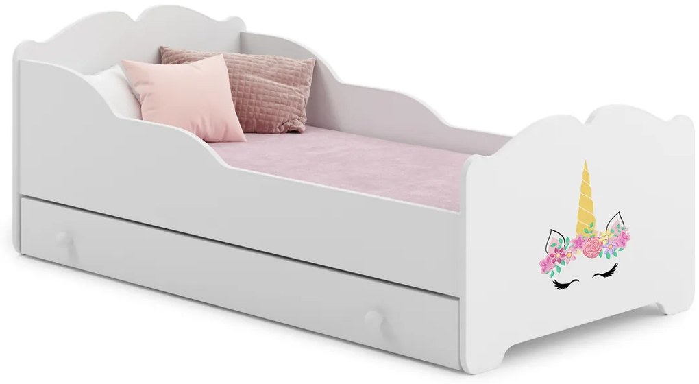 Cama infantil ANNA branca com gaveta 140x70 - unicórnio - colchão e estrado incluído