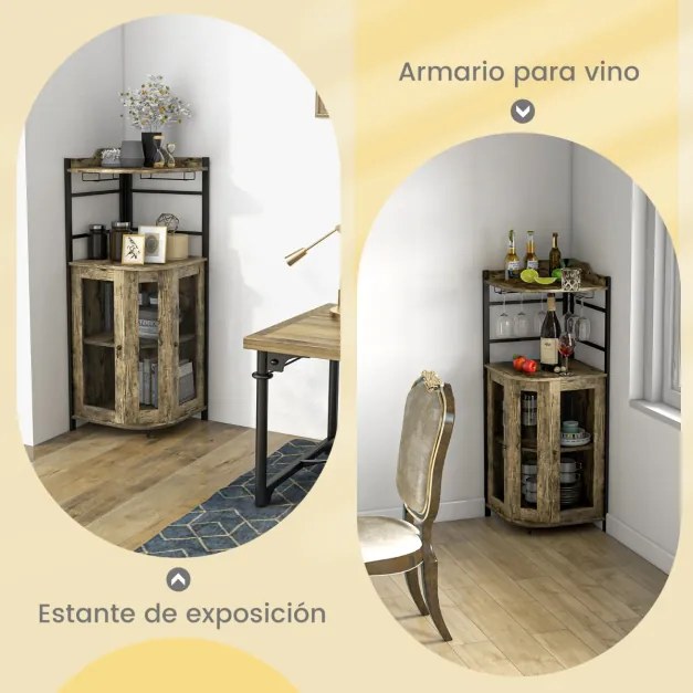 Garrafeira de canto com suporte para copos de vidro Portas em rede metálica Estante ajustável Armário para vinhos ajustável para cozinha Sala de janta