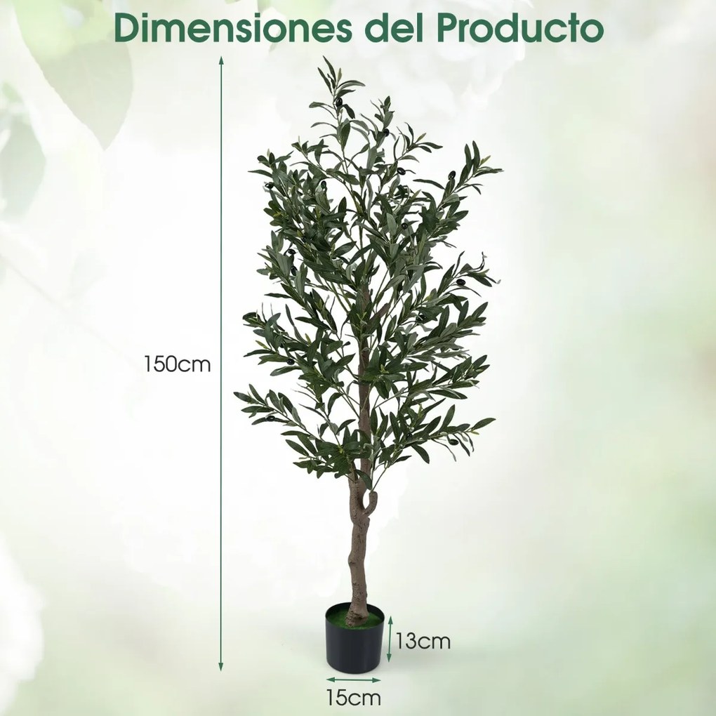 Conjunto de 2 oliveiras artificiais 150 cm com frutos, musgos, tronco robusto, base PE estável verde