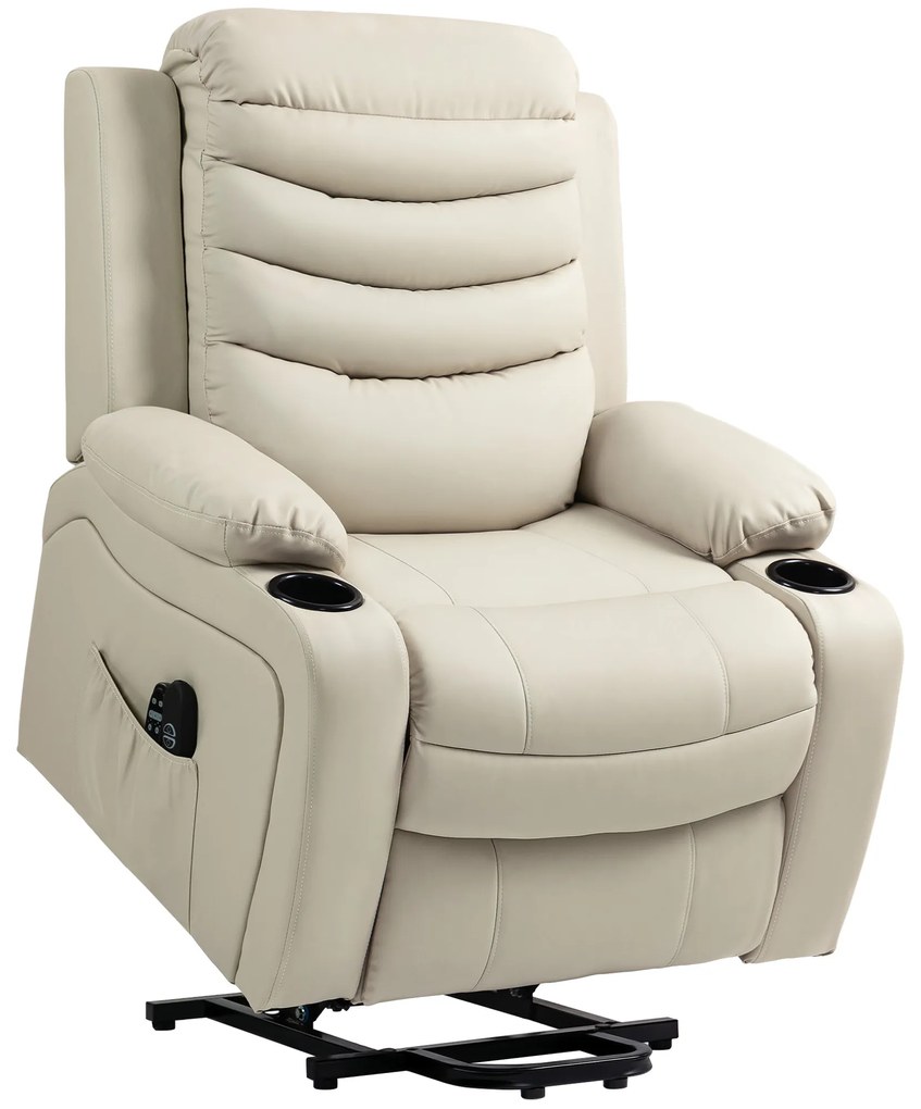 Poltrona Relax Reclinável Elétrica Elevatória com Massagem Vibratória Aquecimento e Porta USB 93x95,5x100 cm Creme