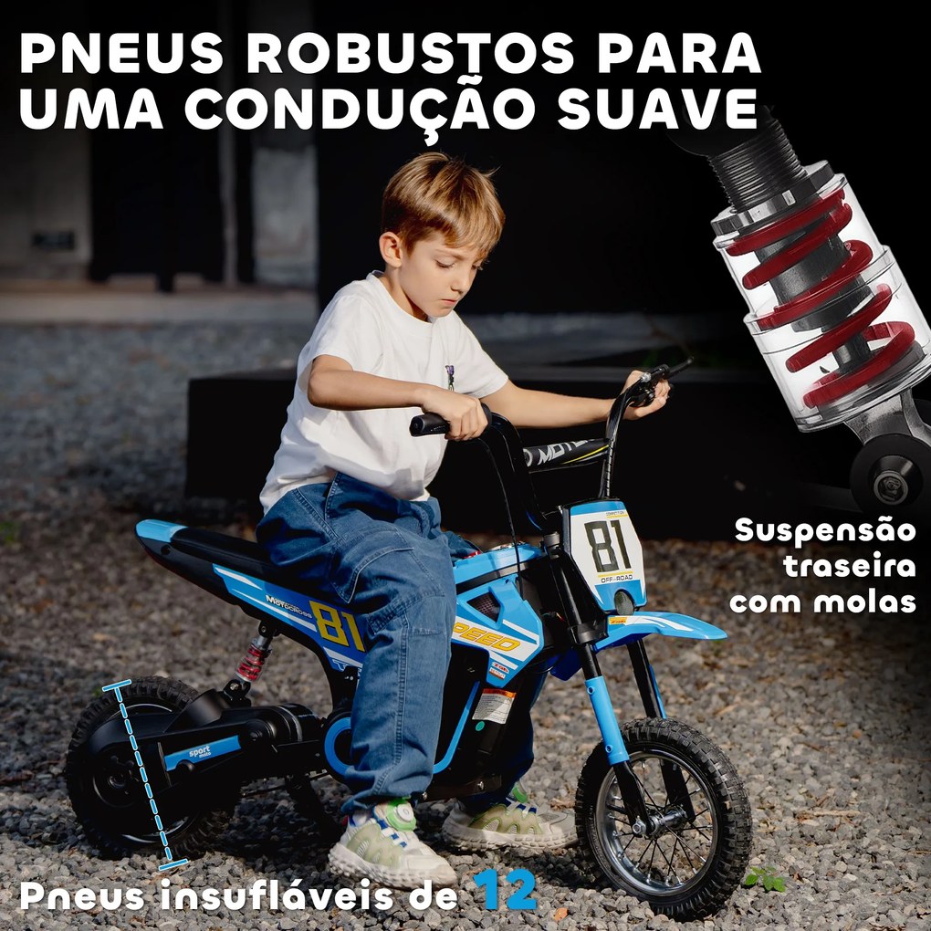 Mota Elétrica para Crianças 24V com Motor 250W Velocidade de 6-16km/h Rodas de 30,5 cm para Crianças de 8-12 Anos Azul