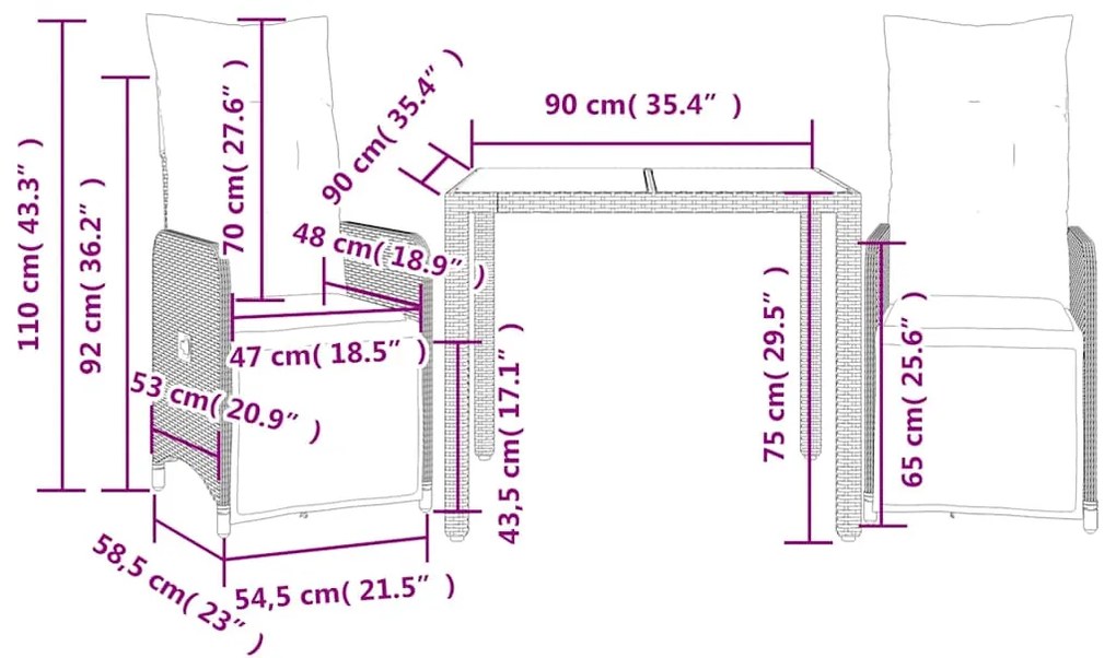 3 pcs conjunto bistrô de jardim c/ almofadões vime PE preto