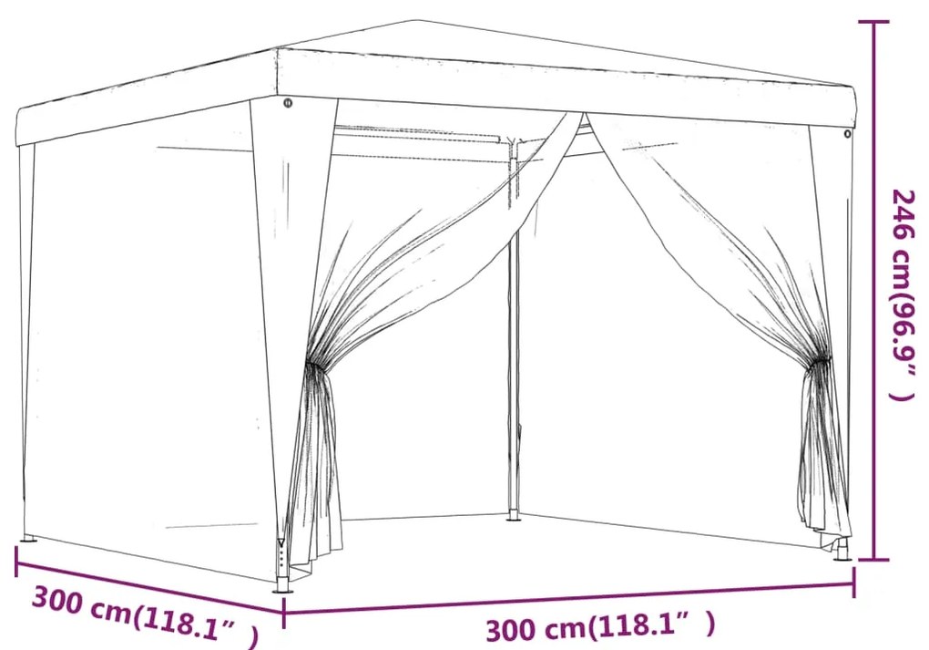 Tenda p/ festas c/ 4 paredes laterais rede 3x3 m PEAD vermelho