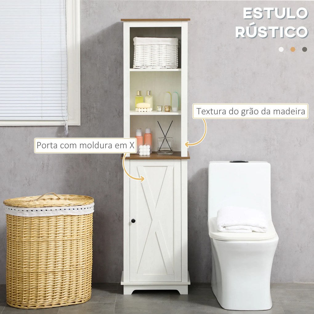 Coluna Casa de Banho com 3 Compartimentos Porta e Prateleira Ajustável 39,5x30x160 cm Branco e Madeira