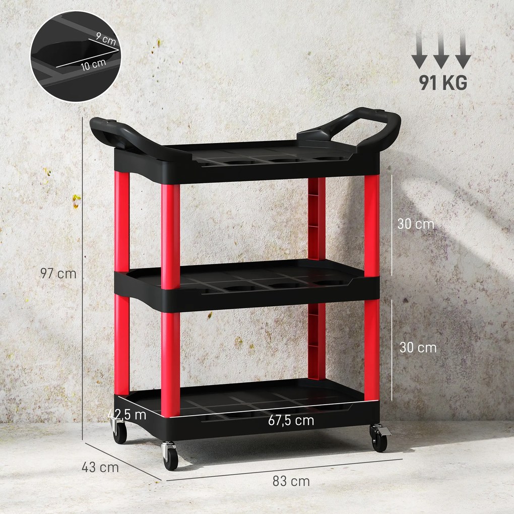 Carro de Oficina  de Ferramentas com 3 Prateleiras Rodas e Pegas para Garagem Oficina Casa 83x43x97 cm Vermelho e Preto