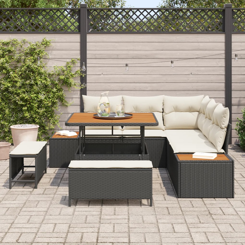 Conjunto de Sofá de Jardim de 8 Peças com Almofadas Rattan Preto Acáci