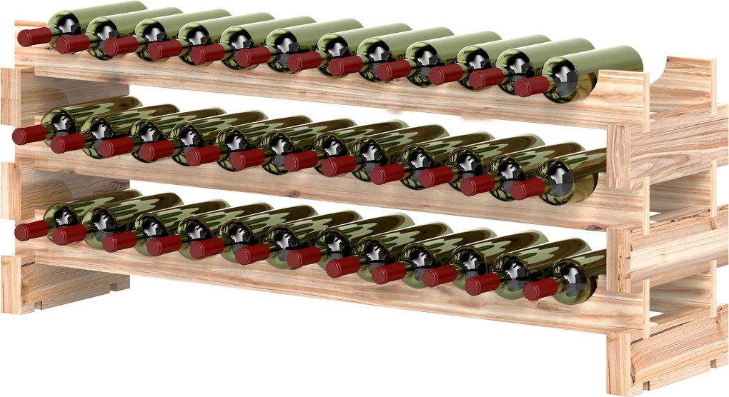 Garrafeira para 36 garrafas, prateleira para vinhos com 3 níveis ajustáveis, 114 × 28 × 42,5 cm, madeira natural
