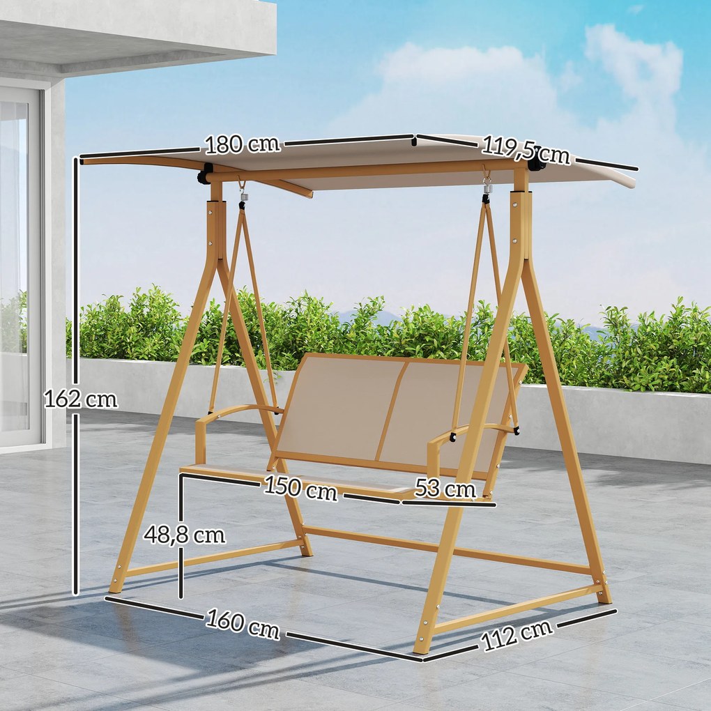 Baloiço de Jardim de 2 Lugares com Toldo Ajustável 90° Proteção UV 30+ e Estrutura Triangular 160x112x162 cm Caqui