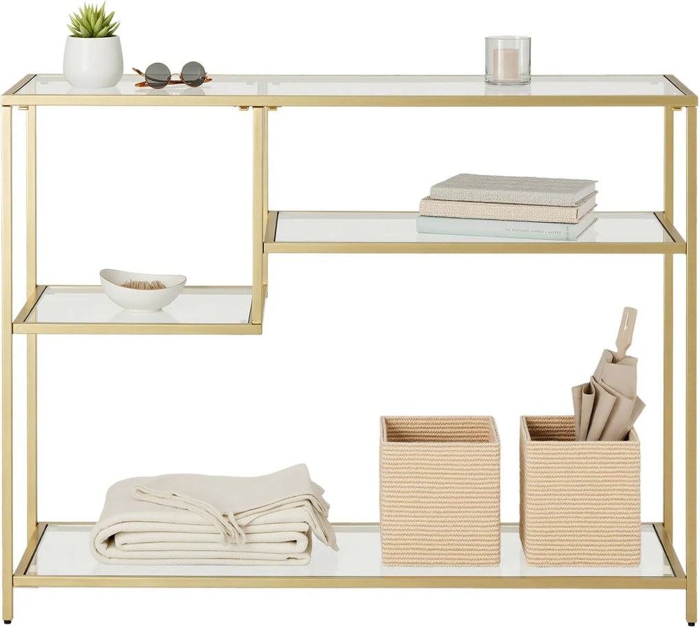 Mesa consola em vidro e metal 35 x 100 x 80 cm, com prateleiras, para corredor ou sala de estar dourado