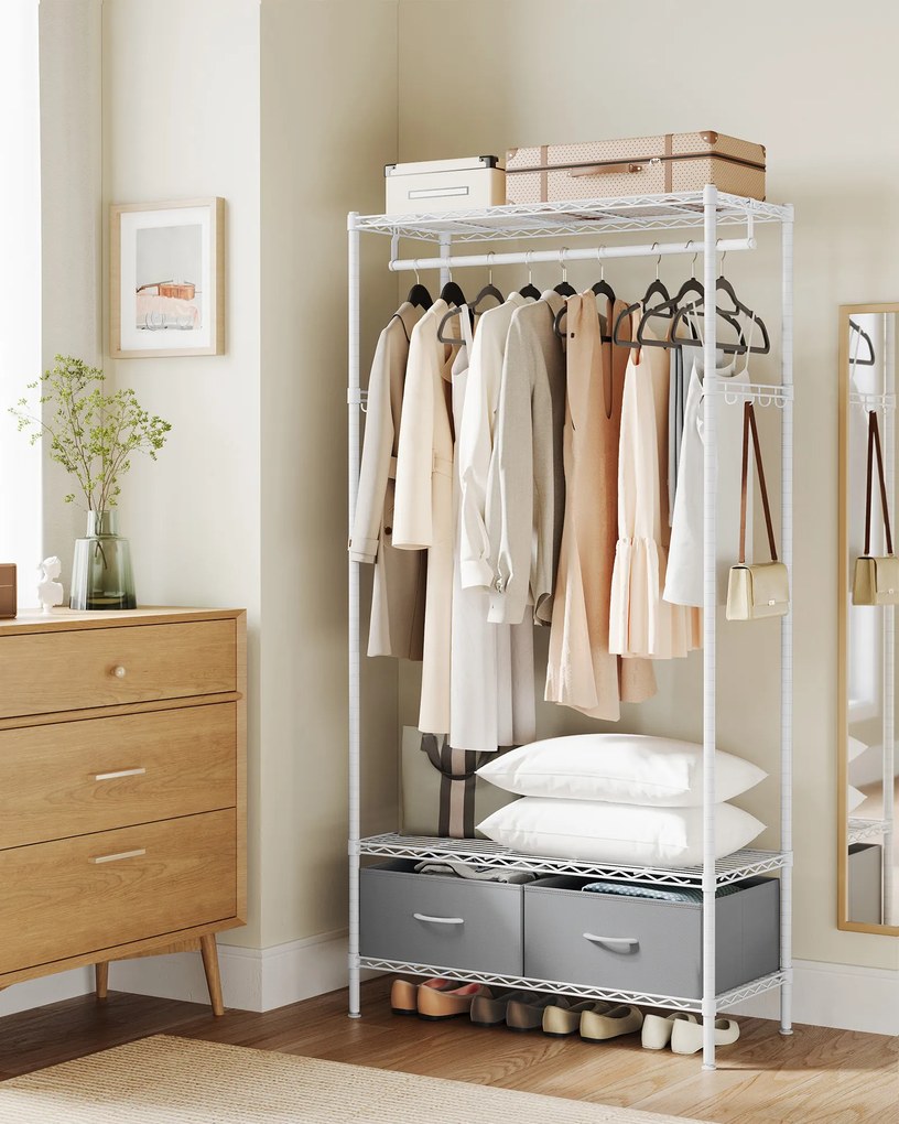 Guarda roupa aberto 40 x 90 x 180 cm com 2 gavetas em branco e cinzento