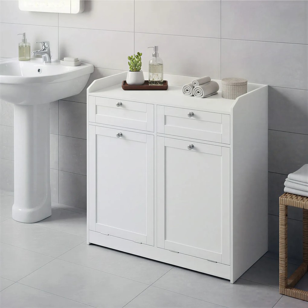 Armário de casa de banho, com 2 cestos de roupa suja removíveis 40 x 78,8 x 80 cm e 2 gavetas Branco