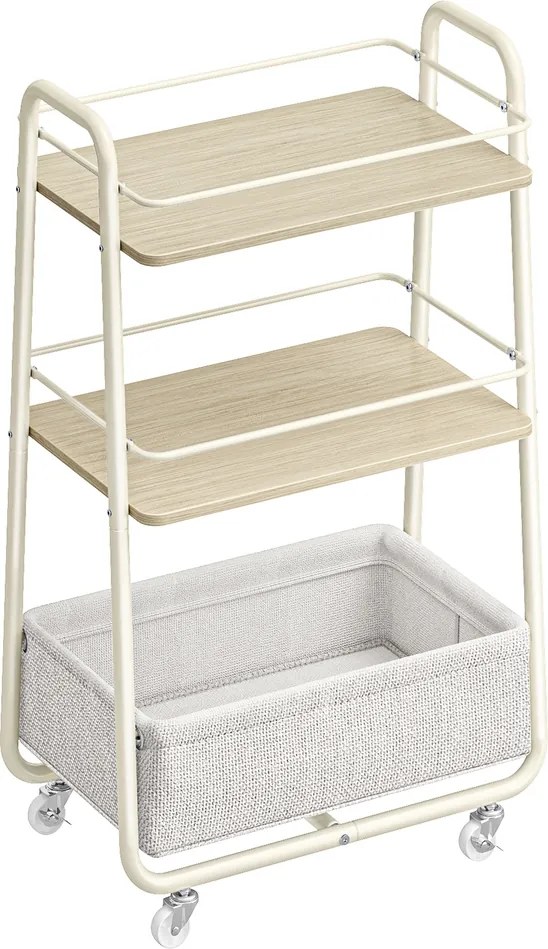Carrinho para a sala de estar  com 3 níveis, prateleiras e cesto, estante com rodas bege-branco