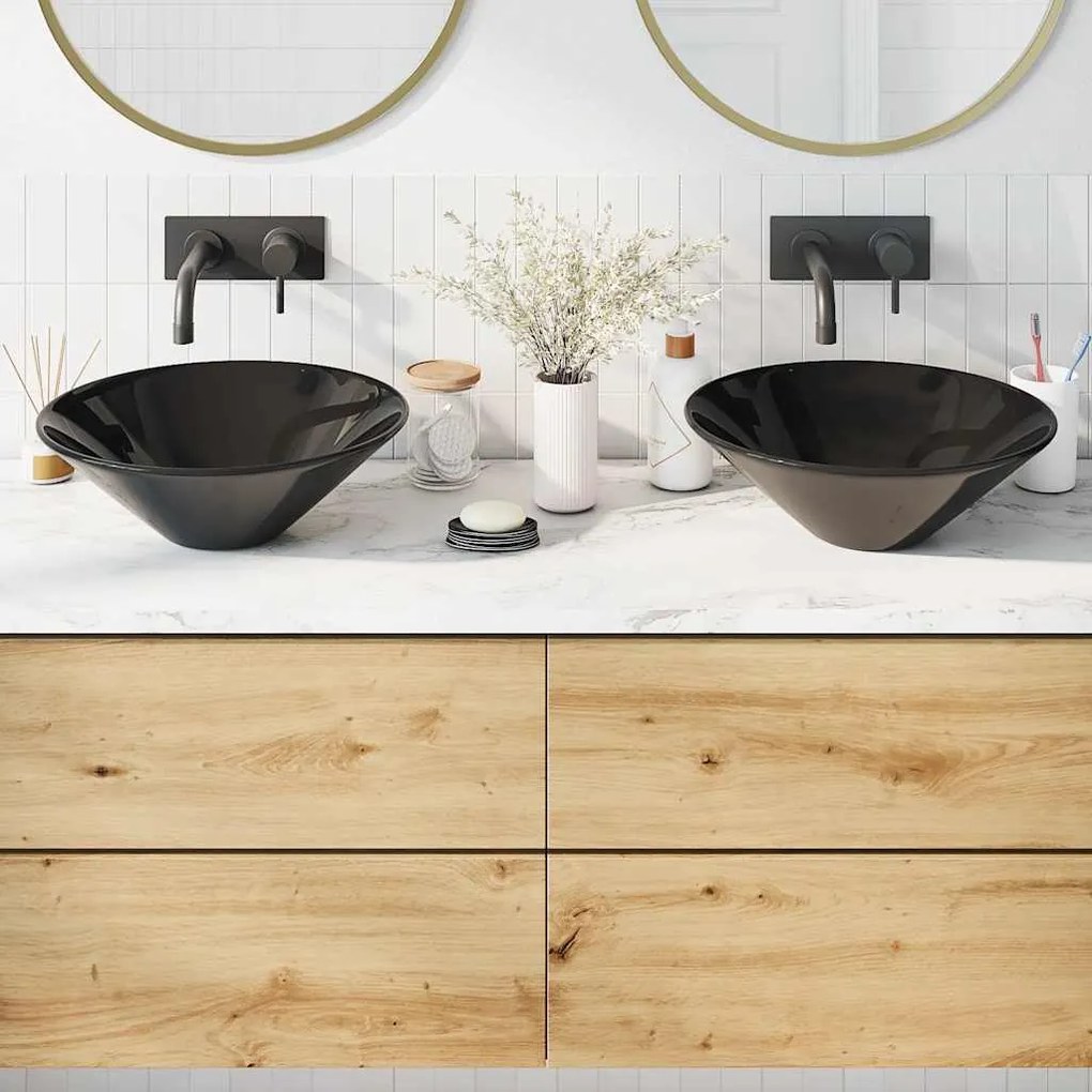 Lavatórios 2 pcs Ø42x14 cm cerâmica Preto Brilhante