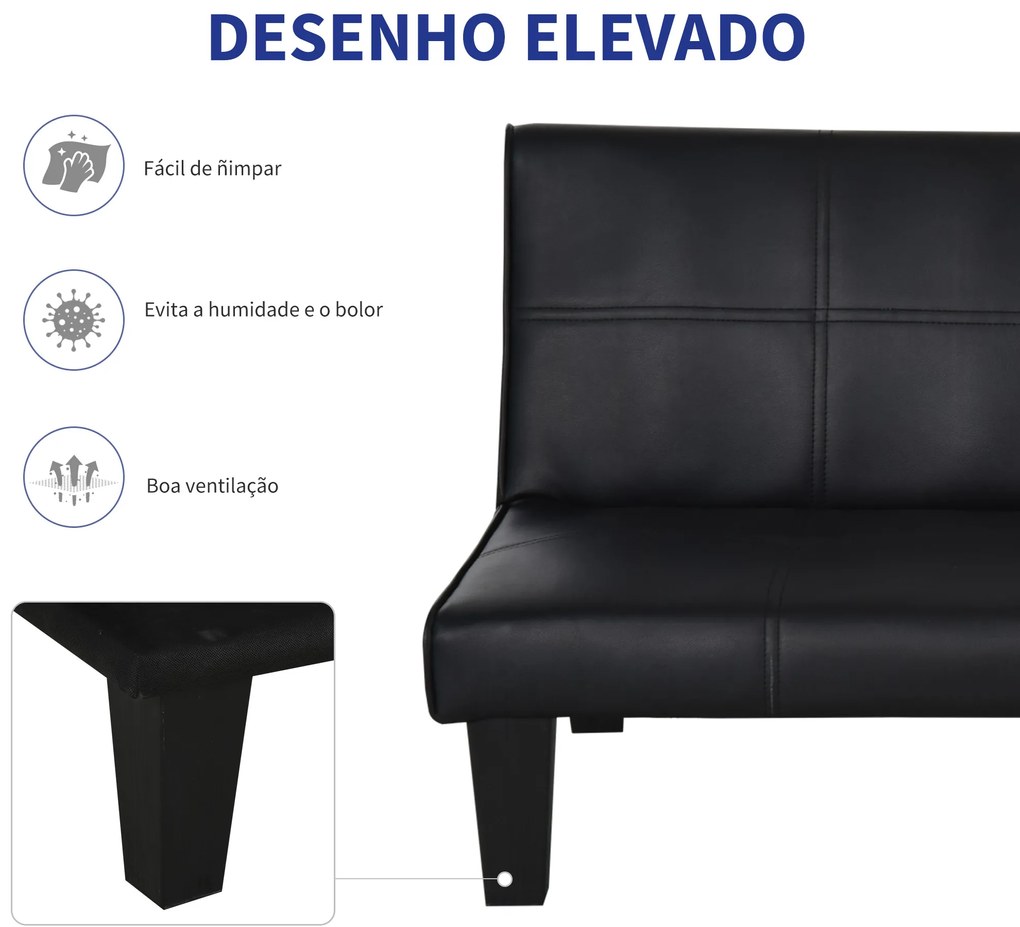 HOMCOM Sofá Cama de 3 Lugares Sofa 2 em 1 Dobrável sem Apoio para os Braços com Estrutura Resistente Pés Elevados Assento Acolchoado Carga 300kg 165x75,5x70cm Preto