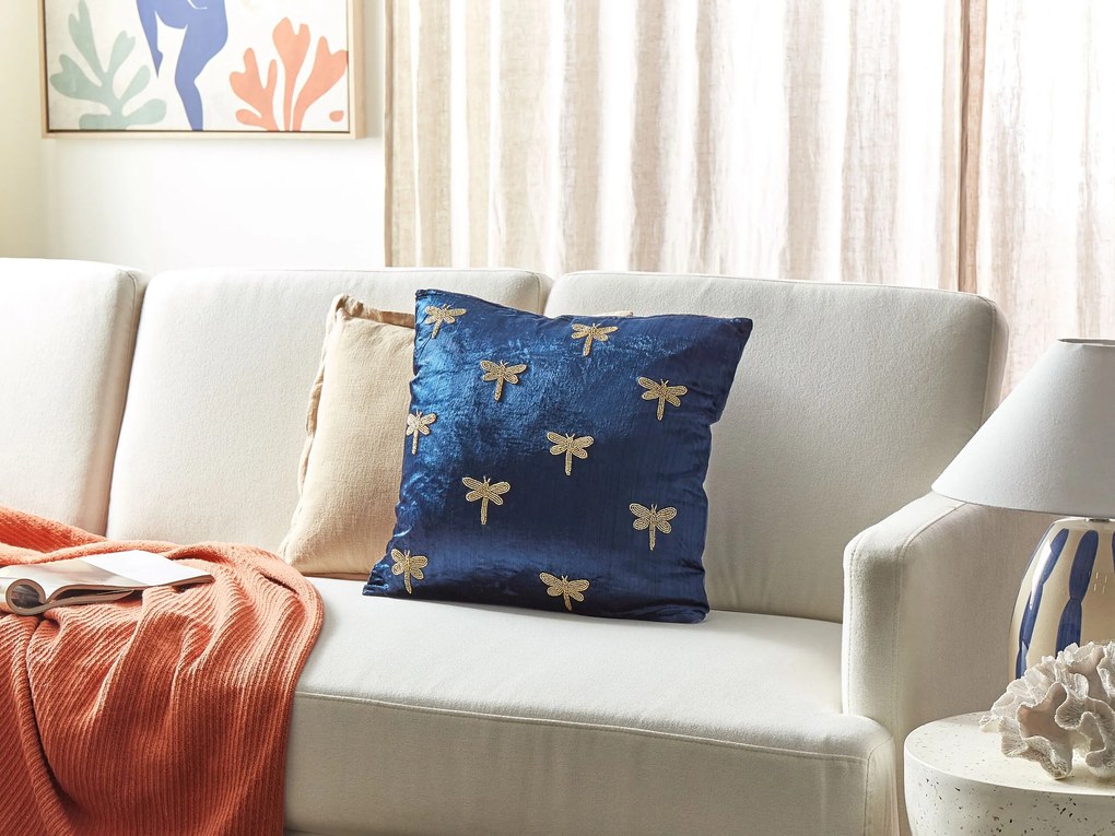 Conjunto 2 almofadas decorativas padrão libelinhas veludo azul marinho 45 x 45 cm BLUESTEM Beliani