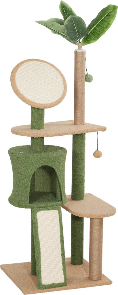PawHut Arranhador, árvore para gatos de 139 cm com toca, bolinhas de brinquedo, postes de sisal e plataformas, para dois gatos, verde | Aosom Portugal