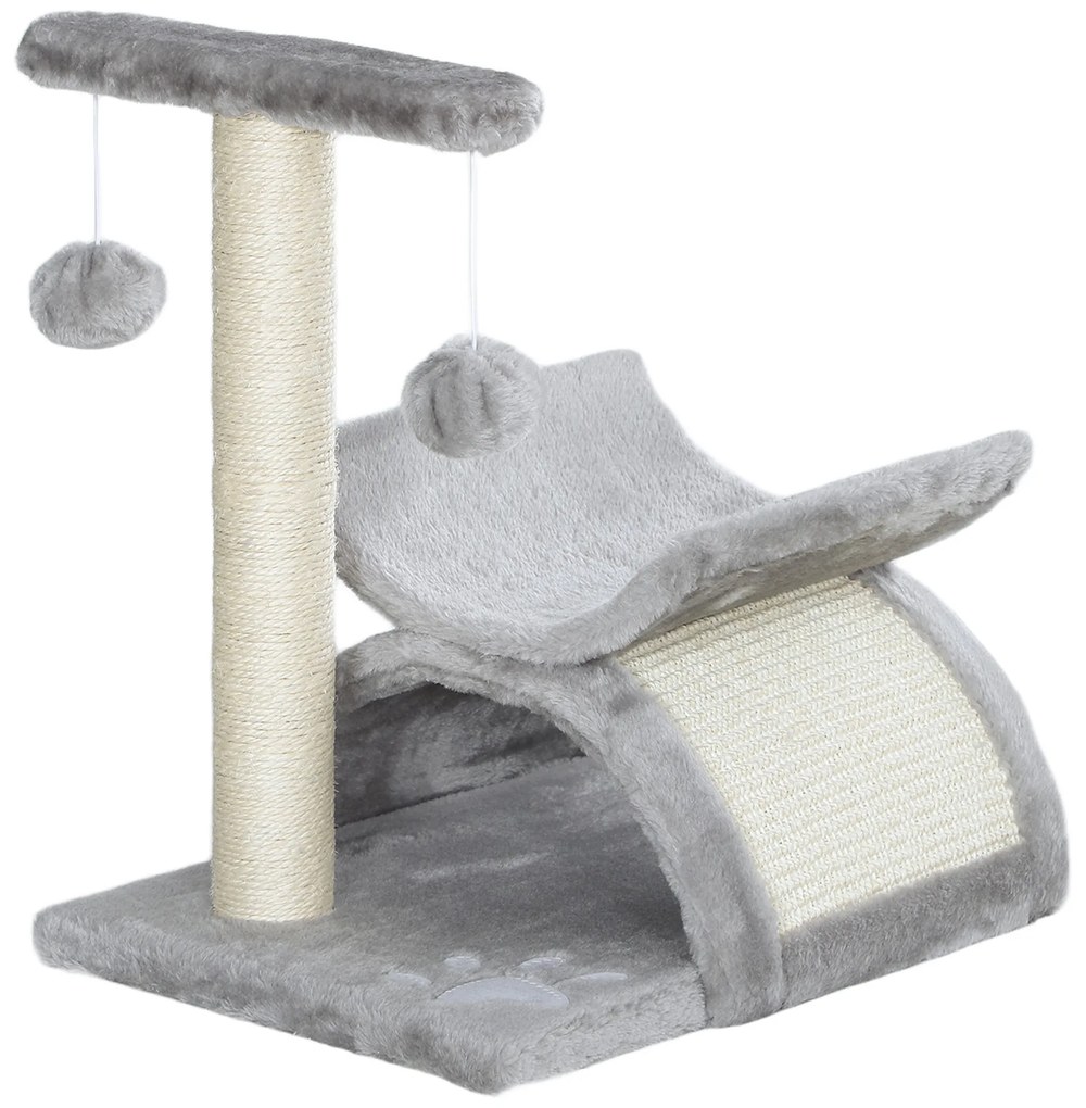 PawHut Árvore Arranhador para Gatos Pequena com Poste Giratório Bolas Suspensas Plataforma Curva e Esconderijo 40x30x43 cm Cinza