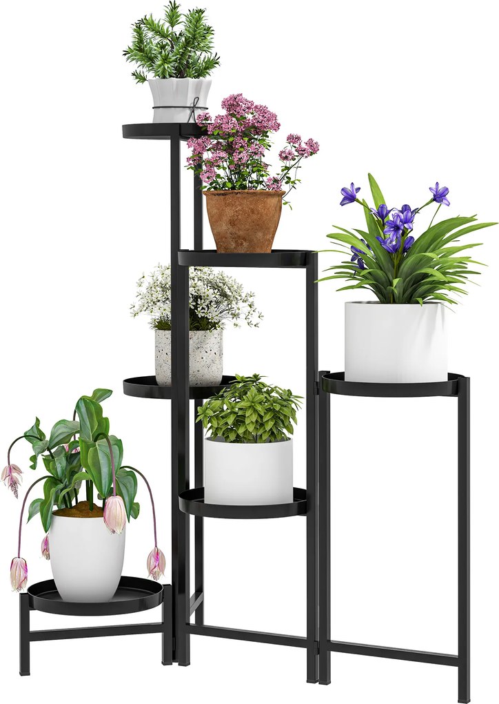 Suporte para plantas com 6 níveis  60 x 40 x 80 cm, prateleira ajustável e dobrável em metal, design sem parafusos, preto