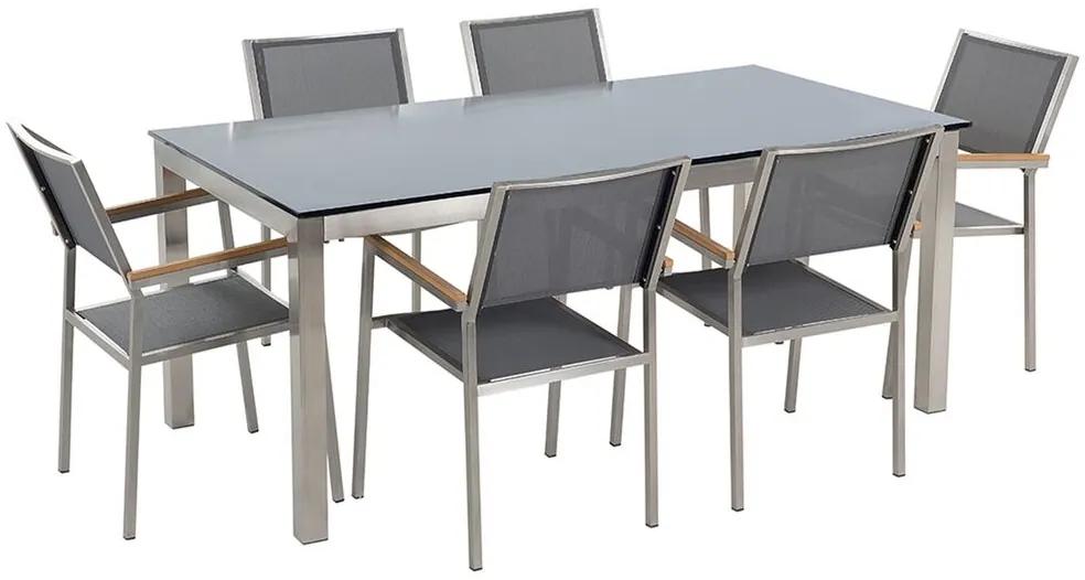 Conjunto de mesa com tampo em vidro preto 180 x 90 cm e 6 cadeiras cinzentas GROSSETO Beliani
