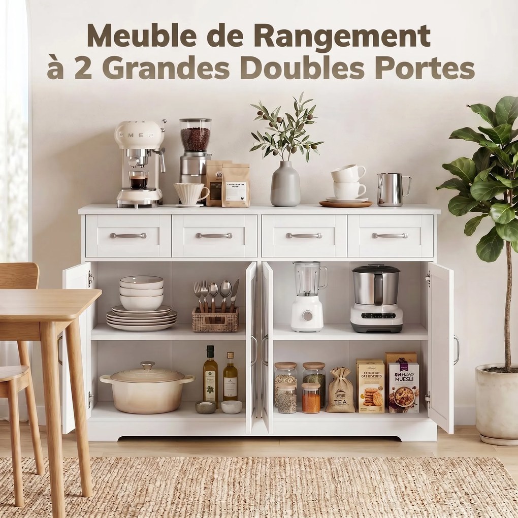 Móvel de Cozinha Shaker, 140 x 38 x 80 cm, 4 Gavetas e 4 Portas, Branco