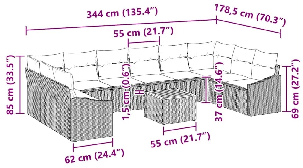 Conjunto de Sofá de Jardim com 11 Peças e Almofadas Pretas