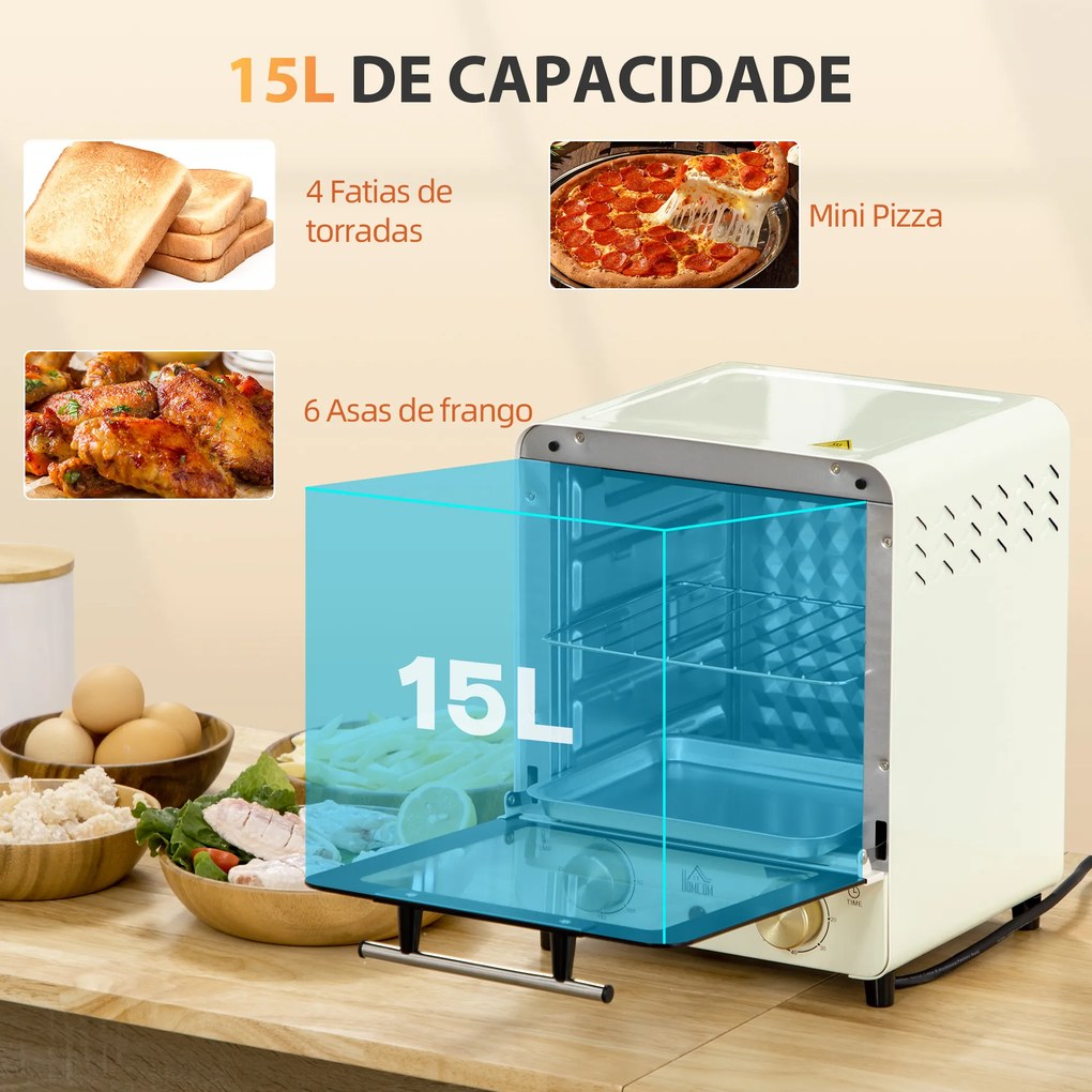 HOMCOM Mini Forno Elétrico 15 Litros 1000W Forno com Temperatura até 230°C Temporizador 60 Minutos Bandeja e Grade 25,5x27,5x32cm Creme