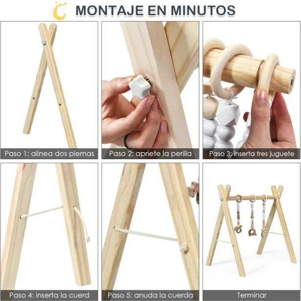 Ginásio para bebés com brinquedos para a dentição Desenvolvimento cerebral dobrável em madeira para crianças +3 meses 66 x 40 x 60 cm Natural