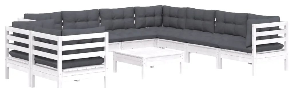 10 pcs conj. lounge de jardim c/ almofadões pinho maciço branco