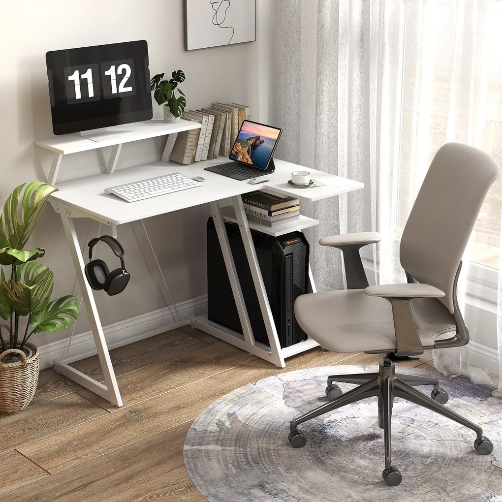 Secretaria computador em forma de L com tomadas eléctricas e Portas USB Gancho para auscultadores Estante para arrumação Branca