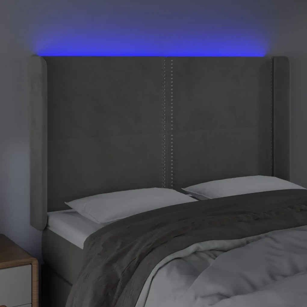 Cabeceira cama c/ luzes LED veludo 147x16x118/128cm cinza-claro