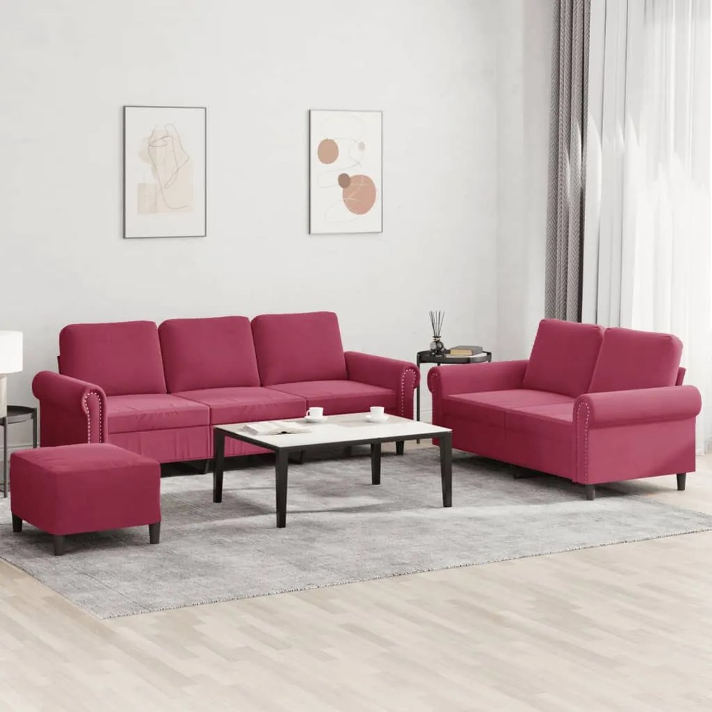 3 pcs conjunto de sofás com almofadões veludo vermelho tinto