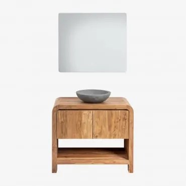 Conjunto De Móvel De Casa De Banho Em Madeira Vacry Castanho Acácia & Cimento Cinzento Redondo Ø40 Cm Tarsis & Led Retangular E Anti-embaciamento 80x7