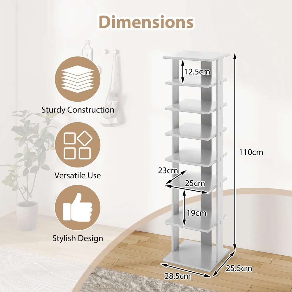 Sapateira vertical para sapatos com 7 níveis e dispositivo anti-tombamento, economiza espaço no quarto, 28,5 x 25,5 x 110 cm, cinza