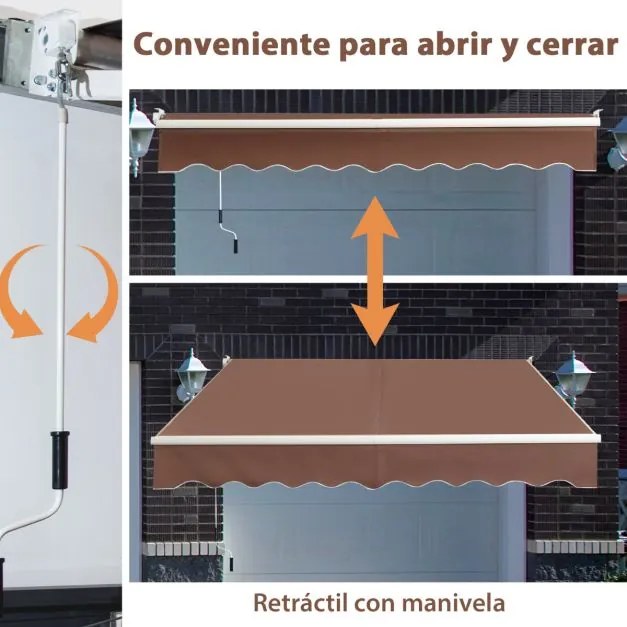 Toldo retrátil 245 x 200 cm com manivela manual em poliéster impermeável, marquise em alumínio para porta de parede ou janela Castanho