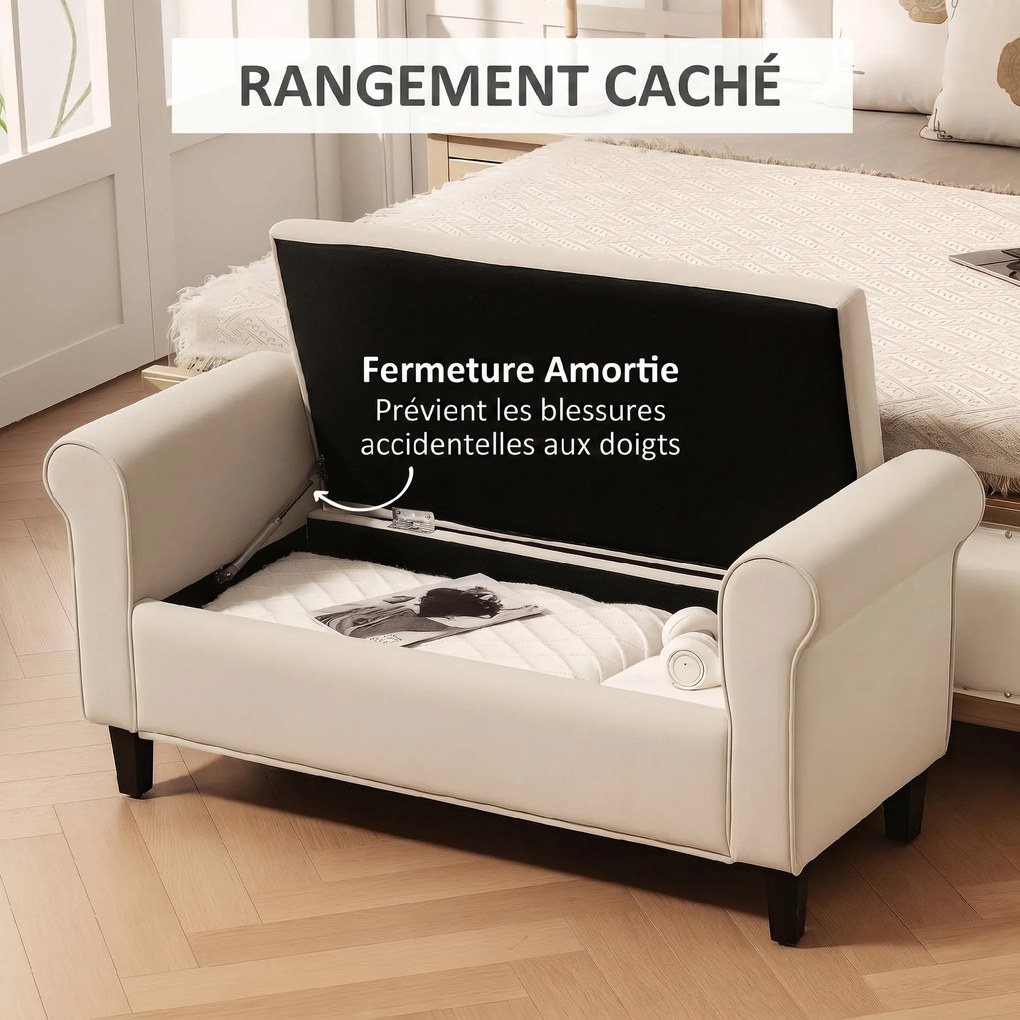 Banco para o Fundo da Cama com Arrumação, 126 x 48,5 x 57 cm, Design Capitonado, Bege