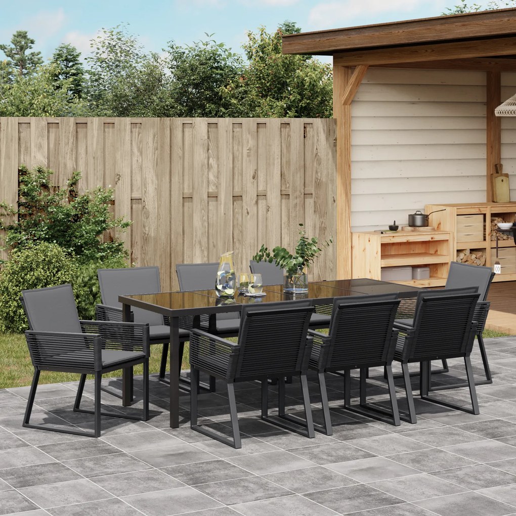 Conjunto de Jantar de Jardim 9 Peças com Almofadas Preto Vime PE