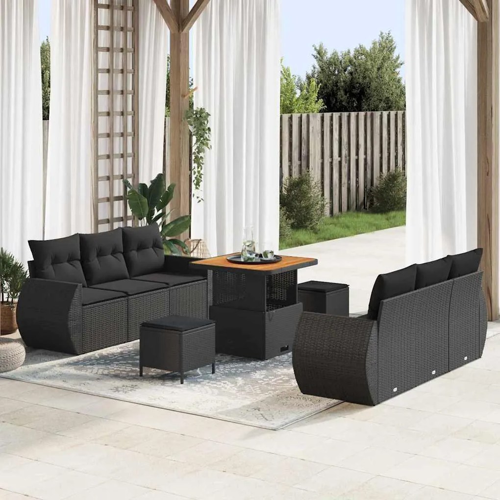 vidaXL Conjunto de Sofá de Jardim com almofada 9 pcs Preto vime PE