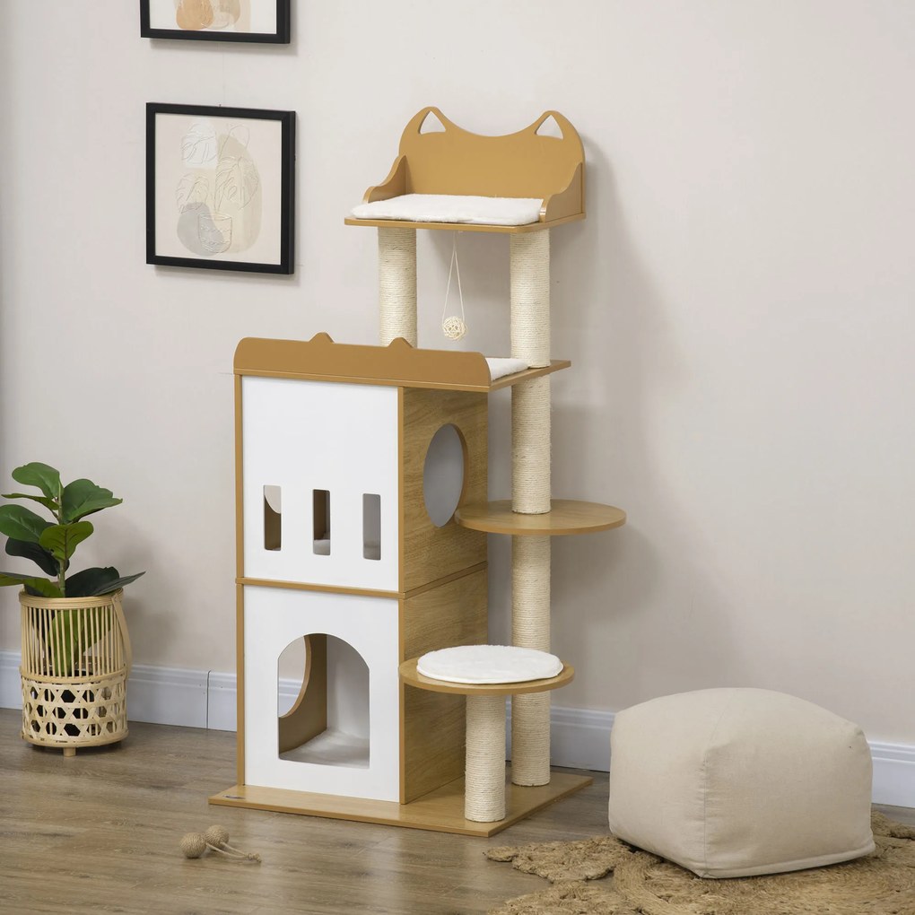 Arranhador para gatos com design contemporâneo 60 x 48 x 133 cm , com arranhadores, plataformas e 5 almofadas de sisal natural, castanho, branco